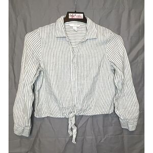 H&M Linen Women's Size S Crop Button Front & Tie Long Sleeves Green/White Stripe